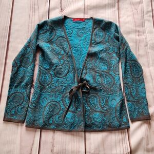 Krimson Klover Wrap Sweater Paisley Print Long Sleeve Teal Blue | Women's Size M